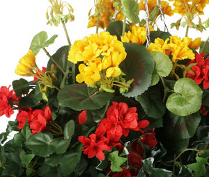 Artificial Red Begonia and Yellow Geranium Display in a 14″ Round Willow Hanging Basket - Closer2Nature