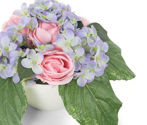 Artificial 13cm Pink Rose and Blue Hydrangea Display - Closer2Nature