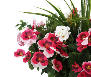Artificial Pink Pansy and White Geranium Display in a 12″ Round Willow Hanging Basket - Closer2Nature