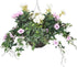 Artificial White Geranium and Pink Morning Glory Display in a 14" Round Willow Hanging Basket